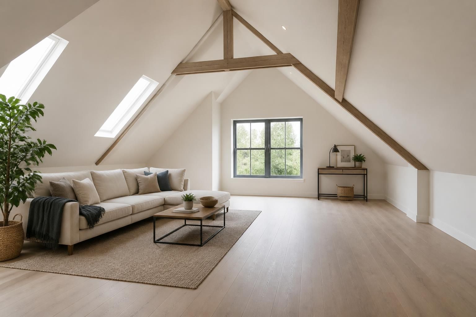 Bright finished attic with insulation and open space for text.