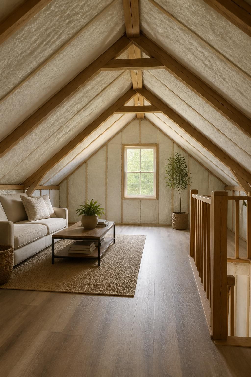 Clean attic interior with newly installed insulation and soft natural light.