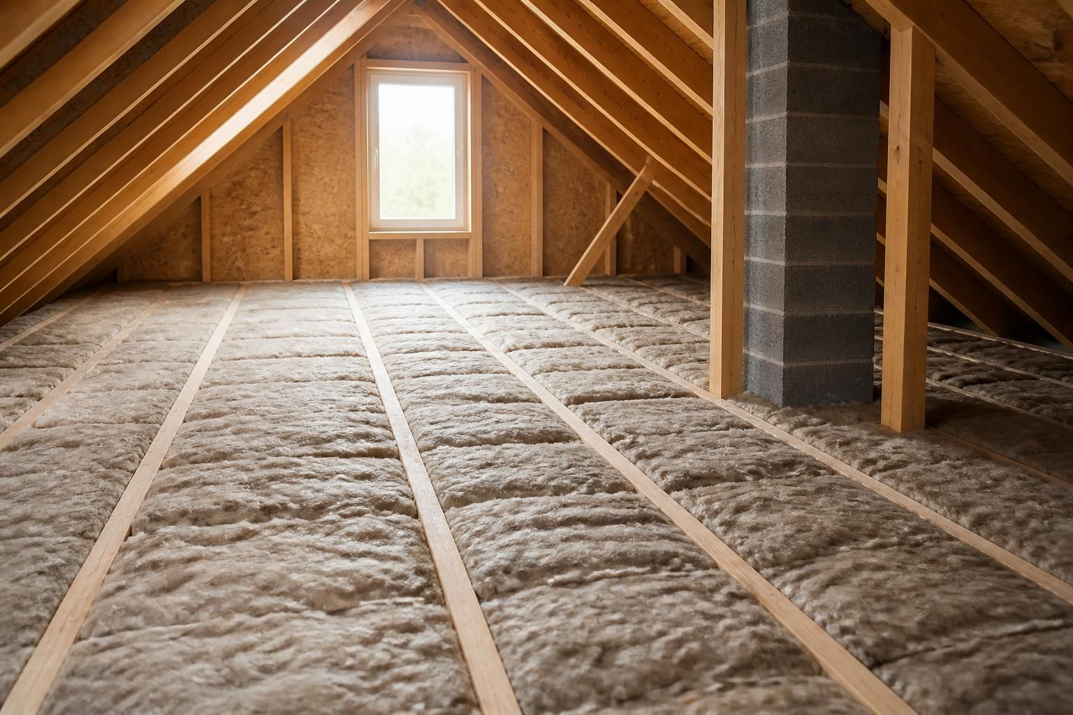Evenly installed attic insulation in a clean loft space.
