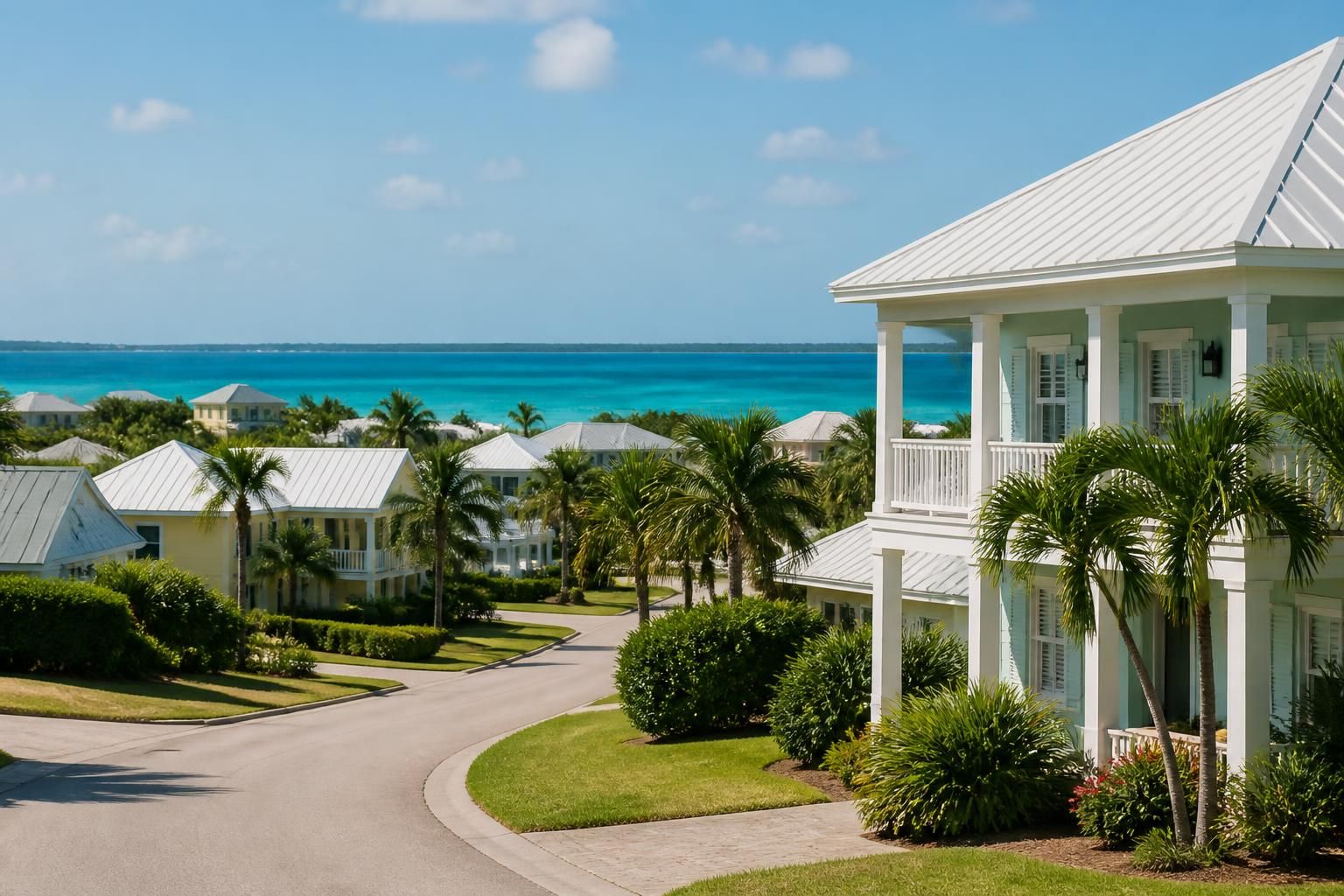 Tropical Freeport neighborhood with sunlit residential rooflines.