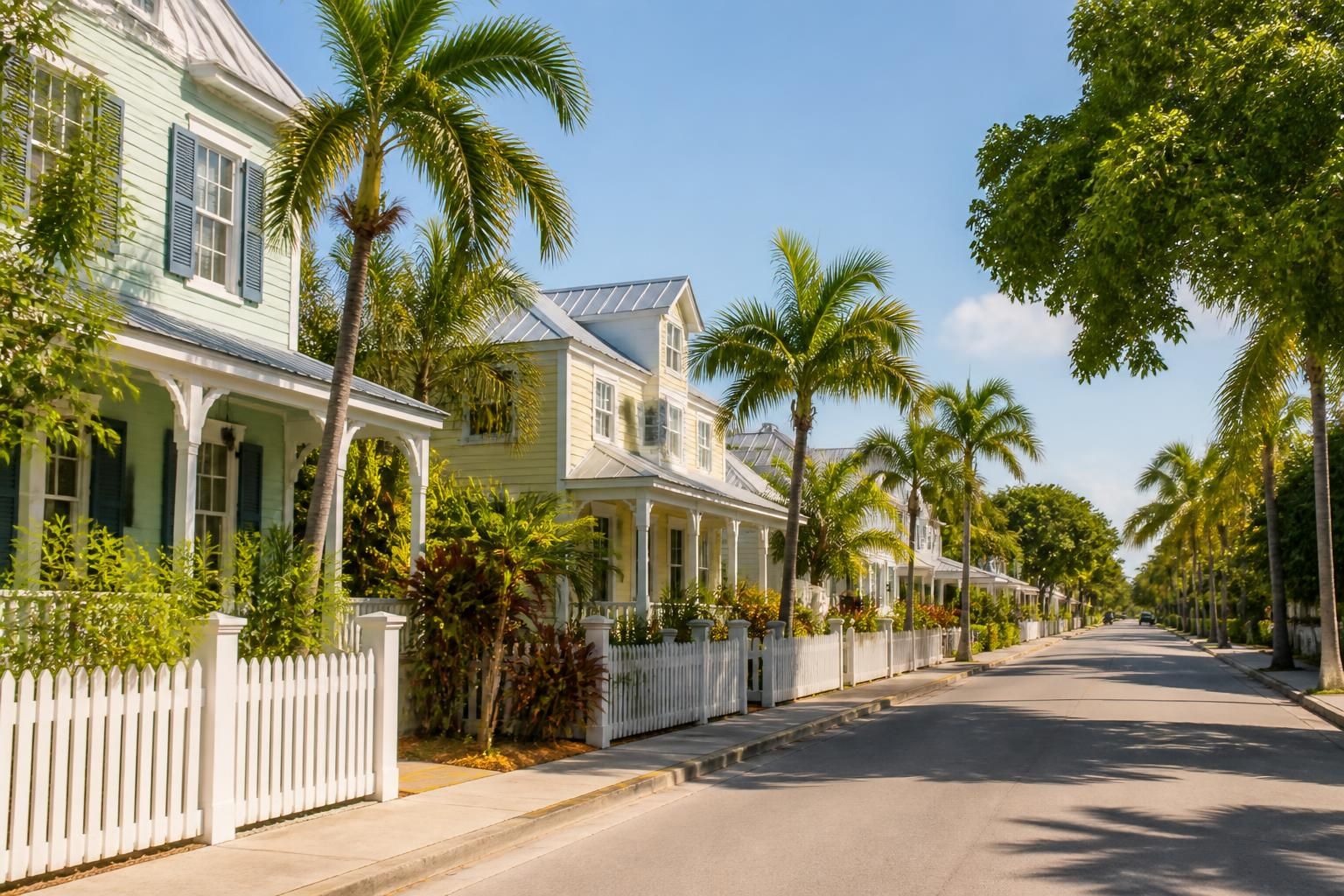 Tropical Key West street with sunlit residential rooflines.
