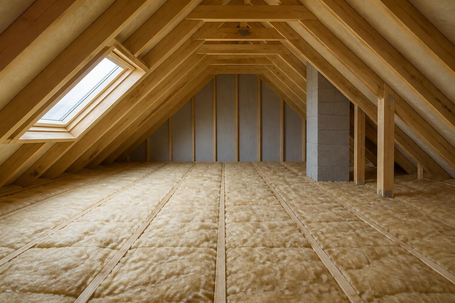 Finished loft with clean evenly distributed insulation.