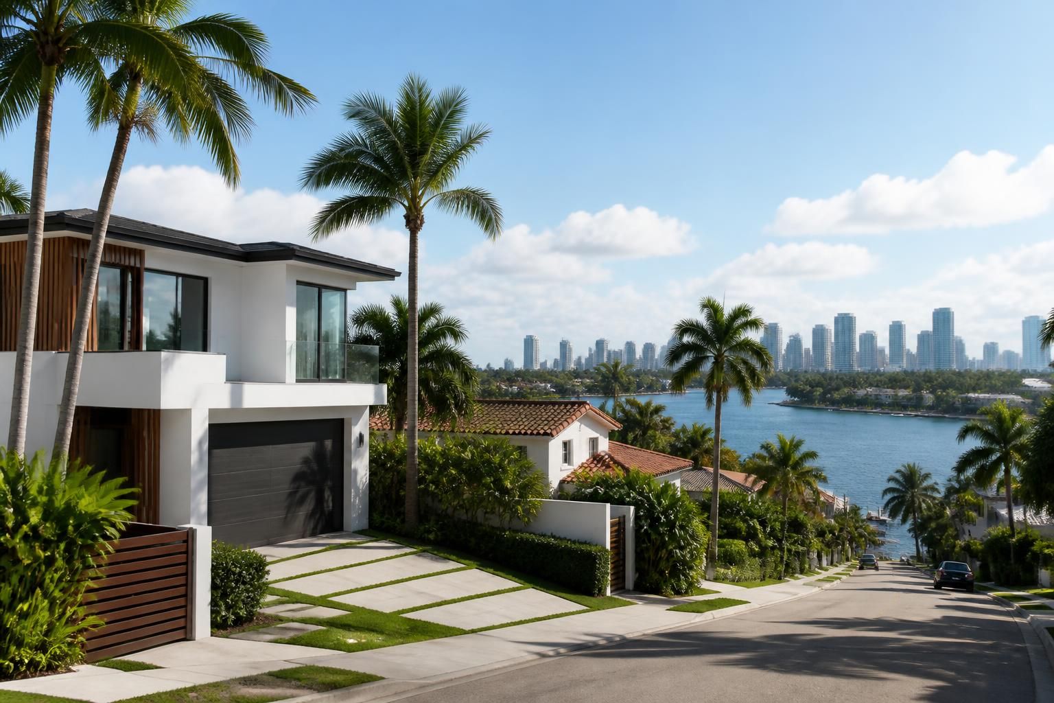 Sunlit Miami neighborhood with modern residential roofs.