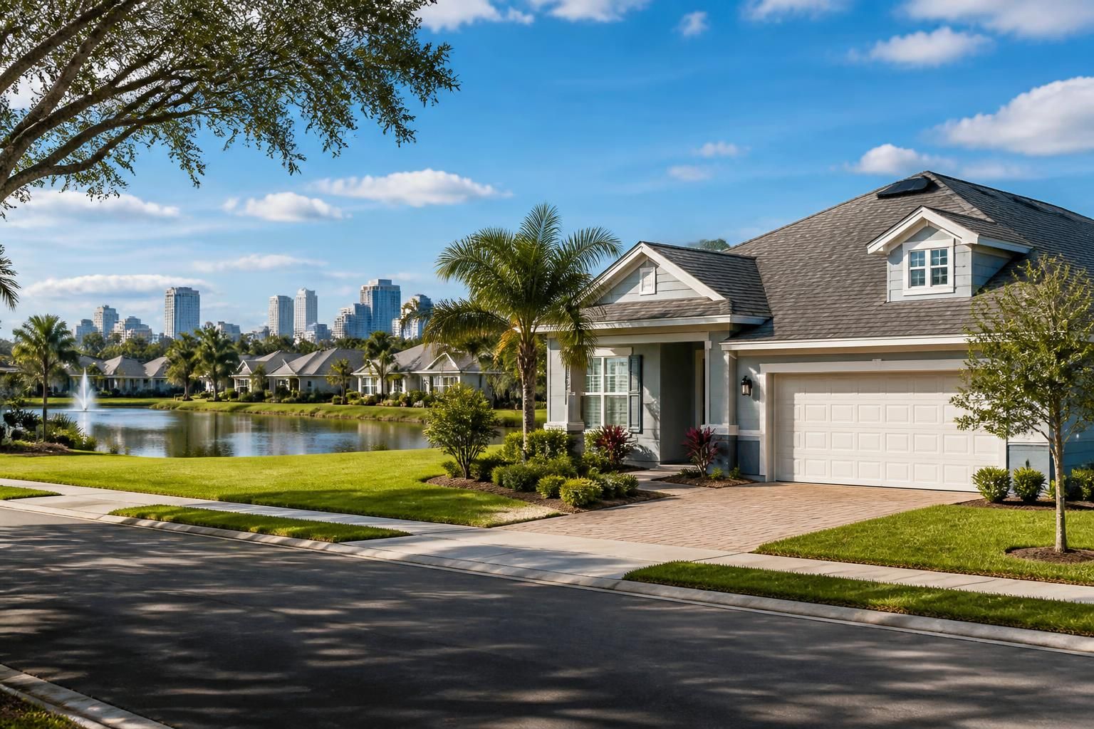 Orlando neighborhood with modern homes and bright rooflines.
