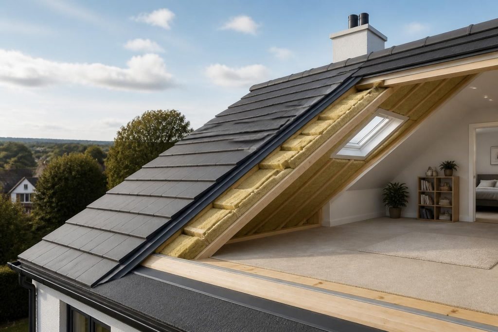 Wide view of a well-insulated home roofline in natural daylight.